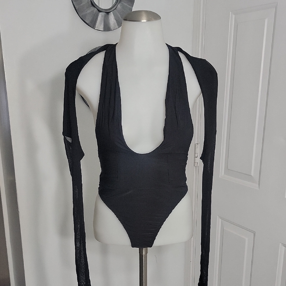 Black Sheer Sleeves Plunge Leotard Thong Bodysuit  Whimsigoth SexyTop Size Small